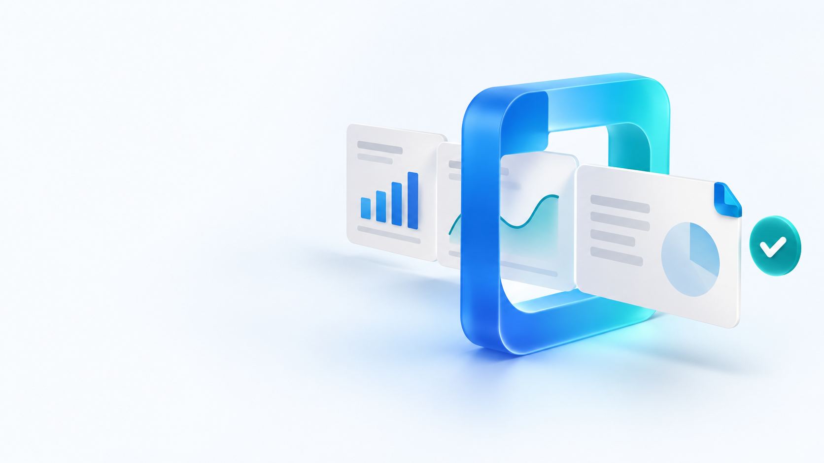 Sample slides pass through a blue and cyan check frame; a check mark appears beside the finished slide.